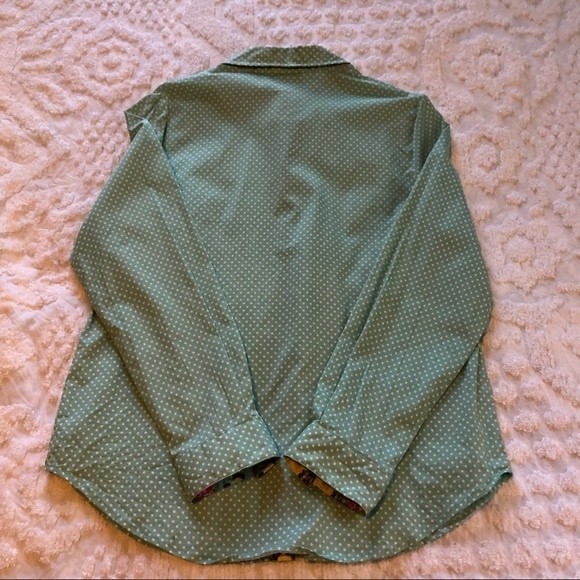 Susan Graver Button down Blouse, sz 12, aqua polka dot & floral, cotton/spandex - Picture 7 of 8